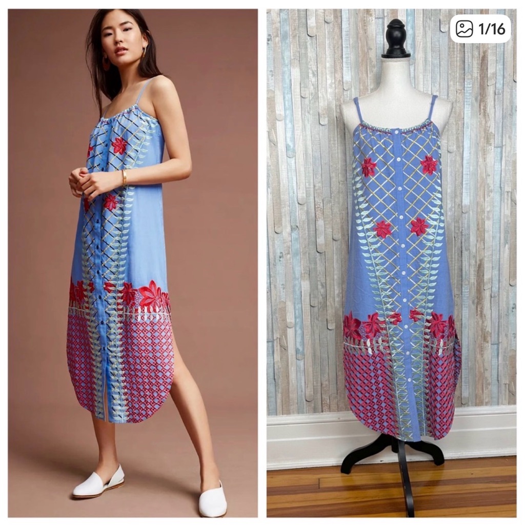 Anthropologie Lilika Bright Estina Embroidered Floral Embroidered Midi Dress Xs